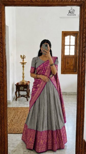 Bold Gey Festive Heavy Lichi Silk Lehenga Choli with Premium Banarasi Dupatta Half Saree Lehenga