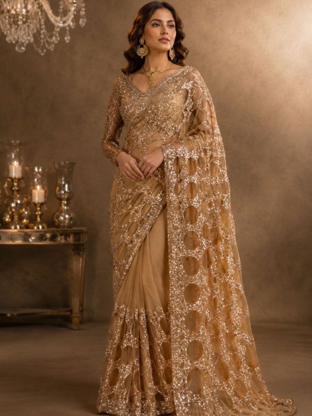 Bold Golden Designer Butterfly Net Saree with Heavy Front and Back Embroidered Blouse 