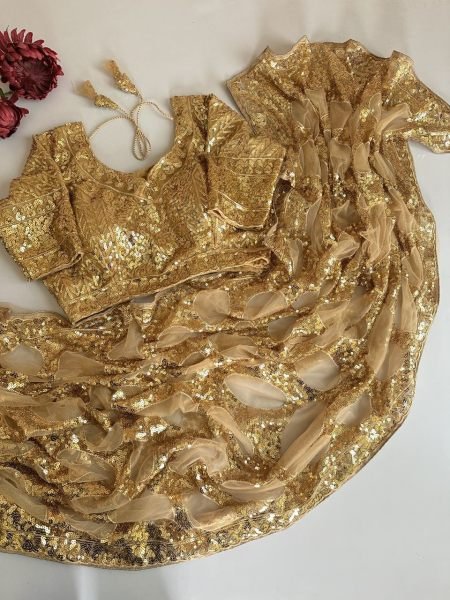 Bold Golden Designer Butterfly Net Saree with Heavy Front and Back Embroidered Blouse Bollywood Fancy Sarees Wholesale