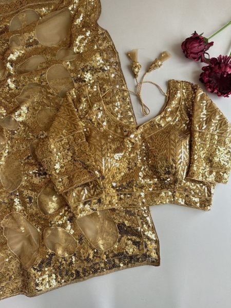 Bold Golden Designer Butterfly Net Saree with Heavy Front and Back Embroidered Blouse Bollywood Fancy Sarees Wholesale