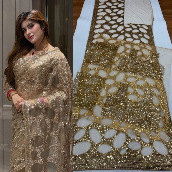 Bold Golden Designer Butterfly Net Saree with Heavy Front and Back Embroidered Blouse Bollywood Fancy Sarees Wholesale