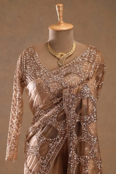 Bold Golden Designer Butterfly Net Saree with Heavy Front and Back Embroidered Blouse Bollywood Fancy Sarees Wholesale
