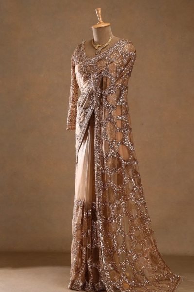 Bold Golden Designer Butterfly Net Saree with Heavy Front and Back Embroidered Blouse Bollywood Fancy Sarees Wholesale