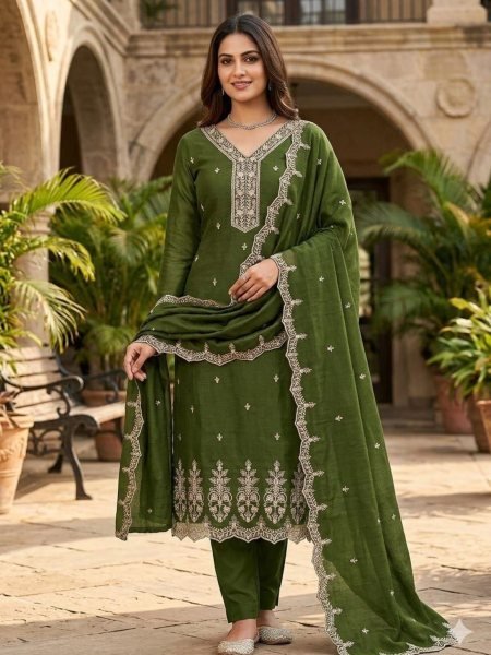 Bold Green Elegant Vichitra Silk Multi Work Dress Material for Festive Wear 