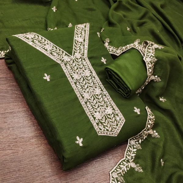 Bold Green Elegant Vichitra Silk Multi Work Dress Material for Festive Wear Color Set Matching Dress Material Wholesale