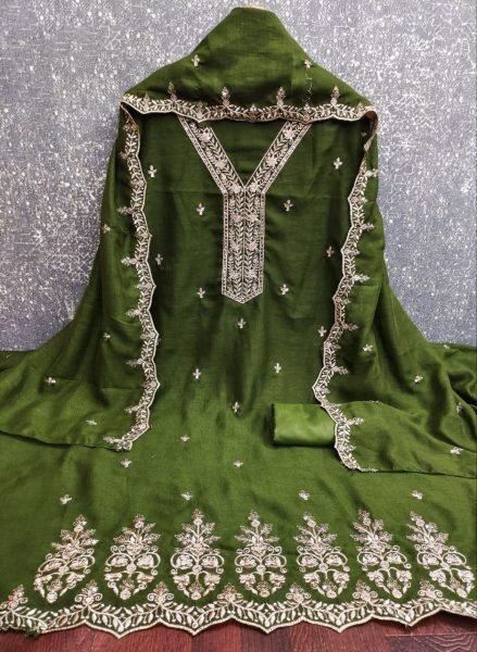 Bold Green Elegant Vichitra Silk Multi Work Dress Material for Festive Wear Color Set Matching Dress Material Wholesale