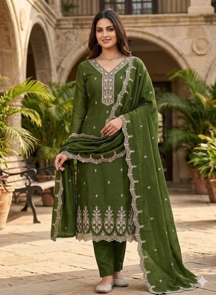 Bold Green Elegant Vichitra Silk Multi Work Dress Material for Festive Wear Color Set Matching Dress Material Wholesale