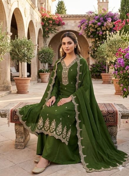 Bold Green Elegant Vichitra Silk Multi Work Dress Material for Festive Wear Color Set Matching Dress Material Wholesale