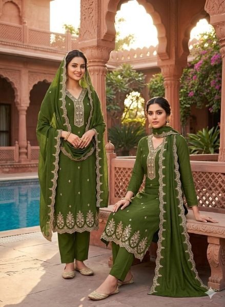 Bold Green Elegant Vichitra Silk Multi Work Dress Material for Festive Wear Color Set Matching Dress Material Wholesale