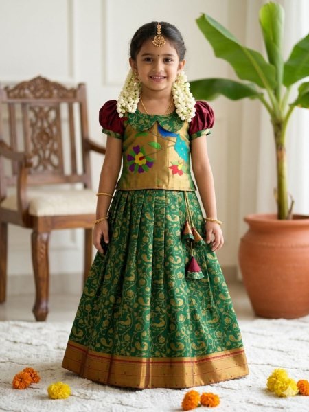 Bold Green Kids Lehenga with Golden Zari Weaving Work for Wedding Wear Kurtis