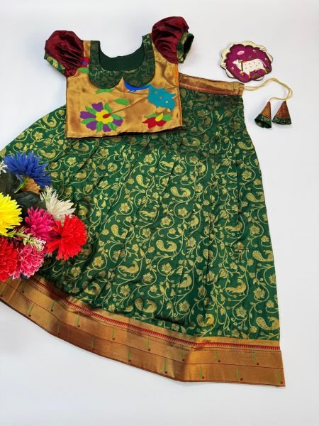 Bold Green Kids Lehenga with Golden Zari Weaving Work for Wedding Wear Girls Wear