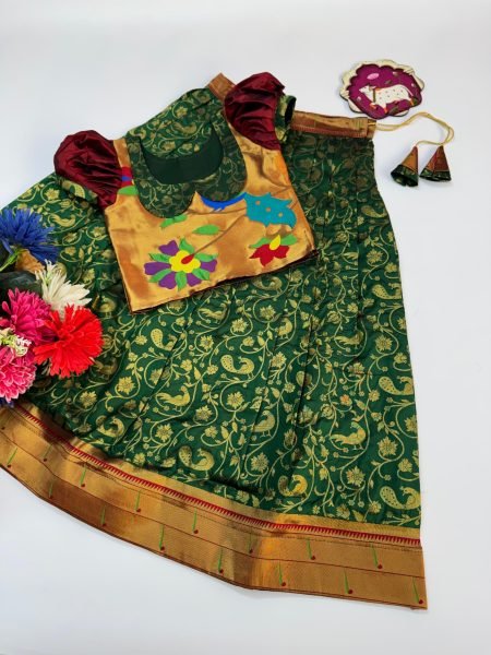 Bold Green Kids Lehenga with Golden Zari Weaving Work for Wedding Wear Girls Wear