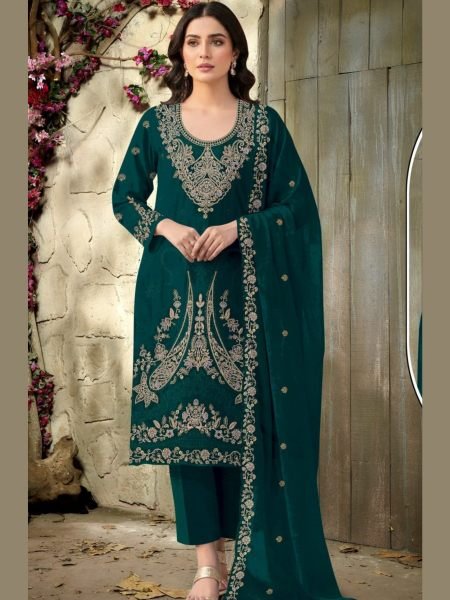 Bold Green Velvet Top Bottom Dupatta Set with Codding and Embroidery Work at Wholesale Rate 