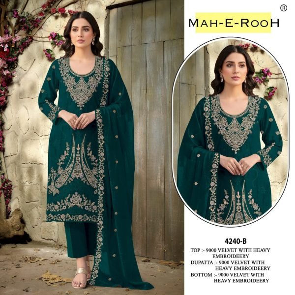 Bold Green Velvet Top Bottom Dupatta Set with Codding and Embroidery Work at Wholesale Rate Pakistani Suits Wholesale