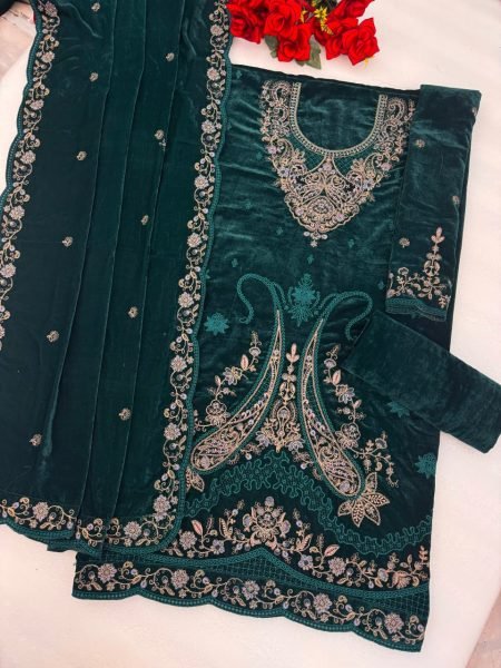 Bold Green Velvet Top Bottom Dupatta Set with Codding and Embroidery Work at Wholesale Rate Pakistani Suits Wholesale
