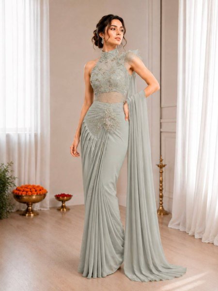 Bold Grey Ready to Wear Crepe Silk Saree with Sequins Embroidery Work Sarees 