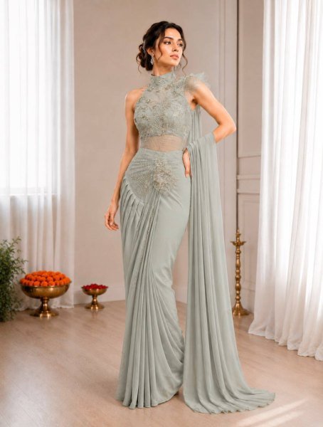 Bold Grey Ready to Wear Crepe Silk Saree with Sequins Embroidery Work Ready To Wear Saree 