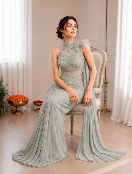 Bold Grey Ready to Wear Crepe Silk Saree with Sequins Embroidery Work Ready To Wear Saree 