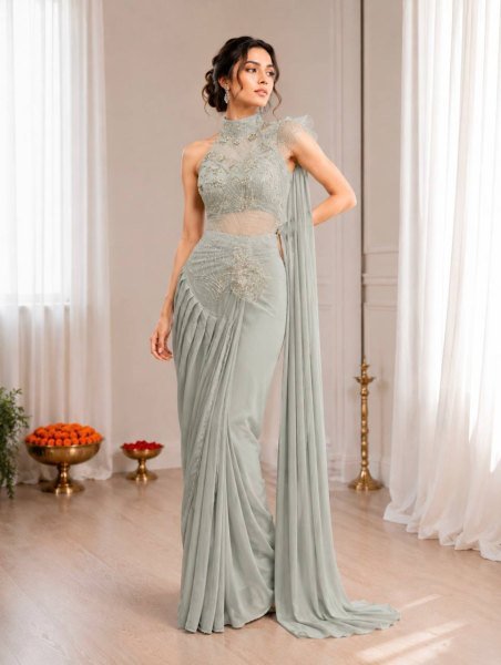 Bold Grey Ready to Wear Crepe Silk Saree with Sequins Embroidery Work Ready To Wear Saree 