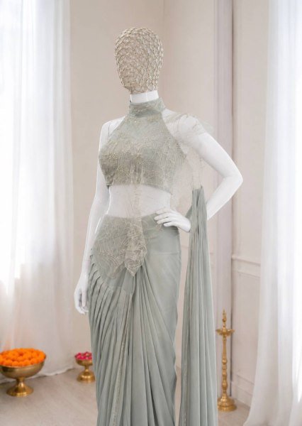 Bold Grey Ready to Wear Crepe Silk Saree with Sequins Embroidery Work Ready To Wear Saree 