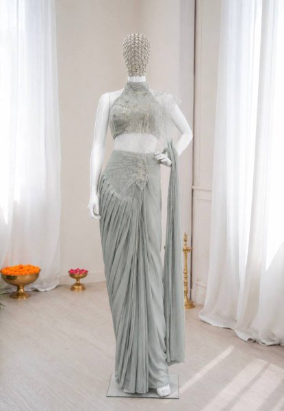 Bold Grey Ready to Wear Crepe Silk Saree with Sequins Embroidery Work Ready To Wear Saree 
