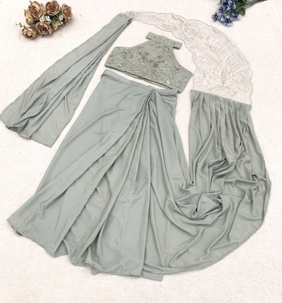 Bold Grey Ready to Wear Crepe Silk Saree with Sequins Embroidery Work Ready To Wear Saree 