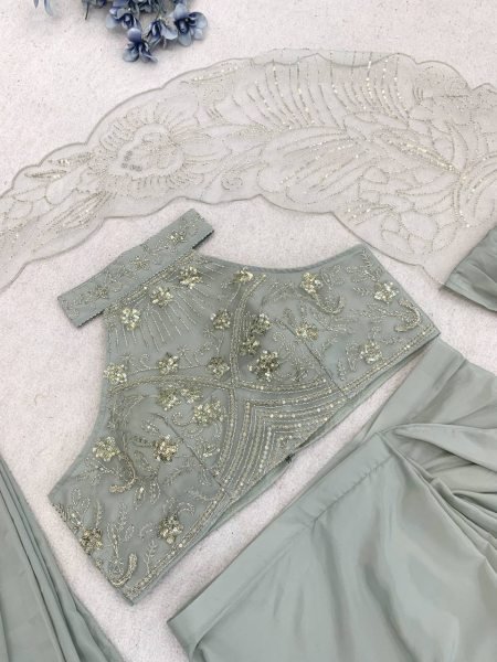 Bold Grey Ready to Wear Crepe Silk Saree with Sequins Embroidery Work Ready To Wear Saree 