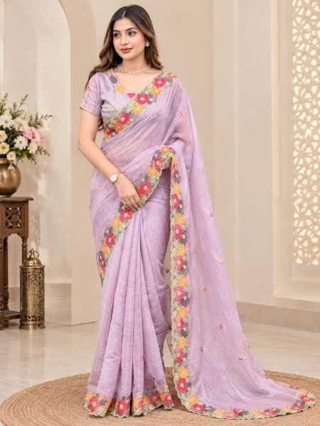 Bold Lavender Coral Chiffon Saree with Kashmiri Embroidery Work For Wedding Wear