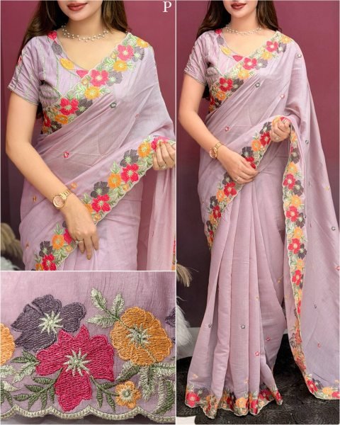 Bold Lavender Coral Chiffon Saree with Kashmiri Embroidery Work For Wedding Wear Pure Chiffon Sarees Wholesale