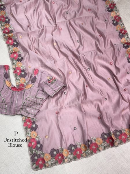 Bold Lavender Coral Chiffon Saree with Kashmiri Embroidery Work For Wedding Wear Pure Chiffon Sarees Wholesale