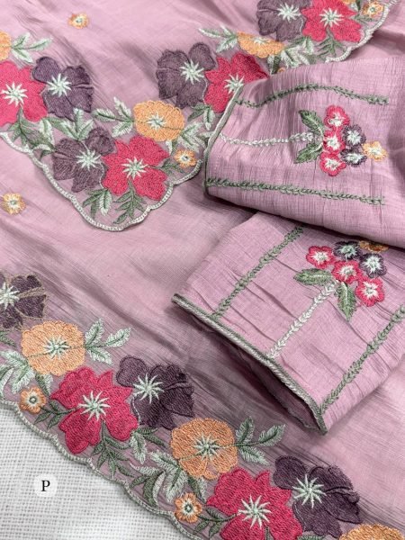 Bold Lavender Coral Chiffon Saree with Kashmiri Embroidery Work For Wedding Wear Pure Chiffon Sarees Wholesale