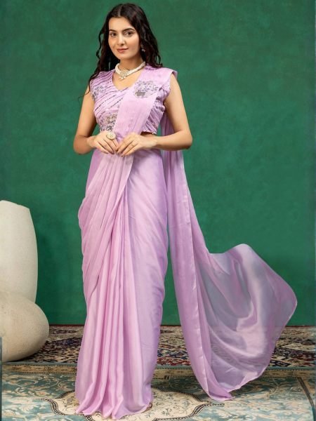 Bold Lavender Designer Rangoli Silk Drape Saree with Embroidered Blouse 