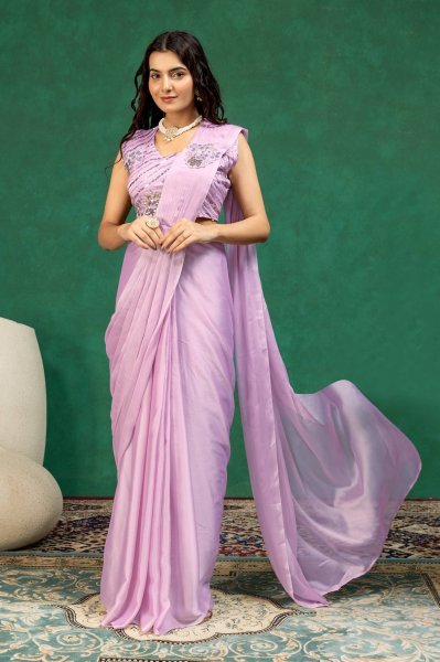 Bold Lavender Designer Rangoli Silk Drape Saree with Embroidered Blouse Ready To Wear Saree 
