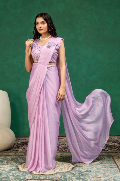 Bold Lavender Designer Rangoli Silk Drape Saree with Embroidered Blouse Ready To Wear Saree 