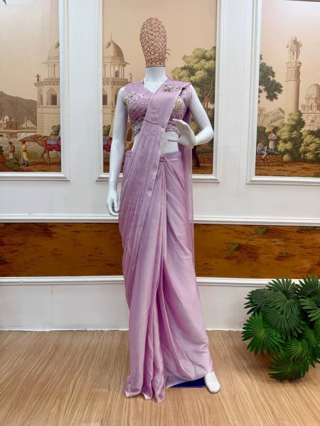 Bold Lavender Designer Rangoli Silk Drape Saree with Embroidered Blouse Ready To Wear Saree 