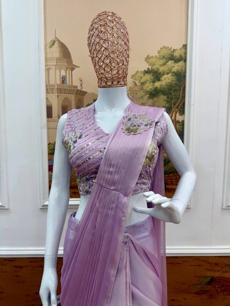 Bold Lavender Designer Rangoli Silk Drape Saree with Embroidered Blouse Ready To Wear Saree 