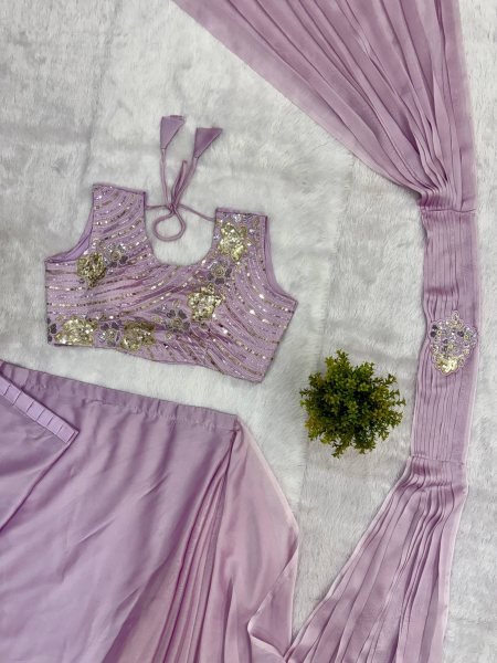 Bold Lavender Designer Rangoli Silk Drape Saree with Embroidered Blouse Ready To Wear Saree 