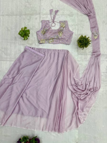 Bold Lavender Designer Rangoli Silk Drape Saree with Embroidered Blouse Ready To Wear Saree 