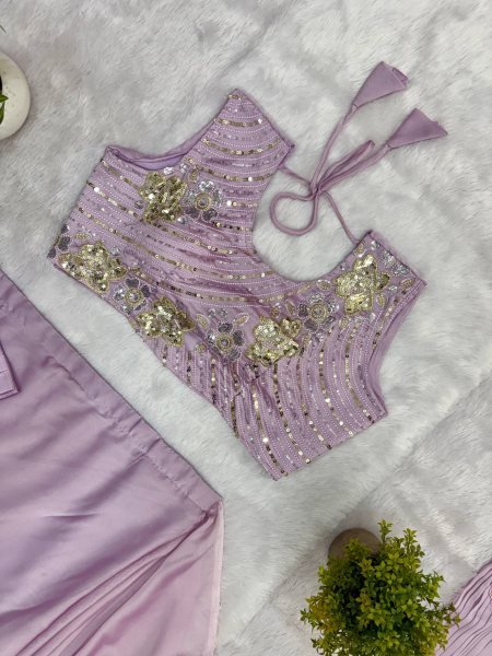 Bold Lavender Designer Rangoli Silk Drape Saree with Embroidered Blouse Ready To Wear Saree 