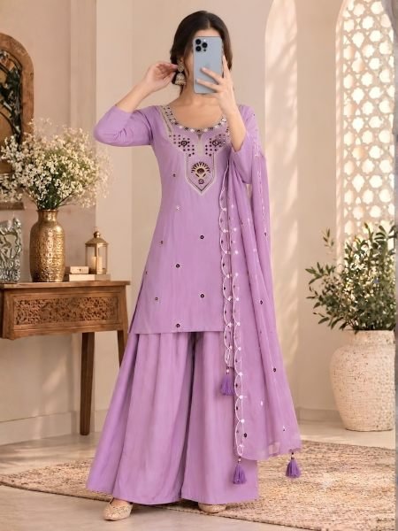 Bold Lavender Roman Silk Kurti with 40 Inch Palazzo and Matching Dupatta 