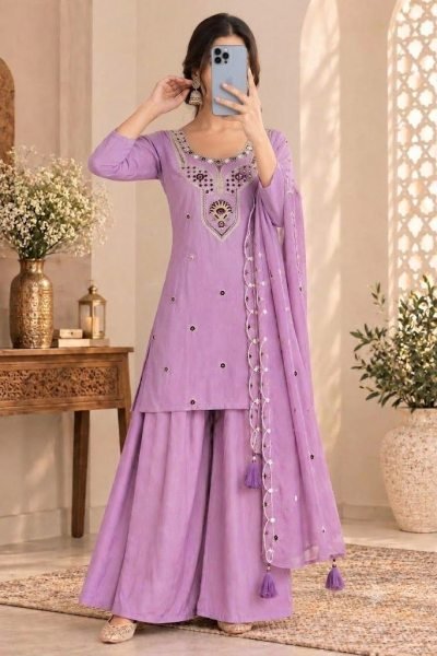 Bold Lavender Roman Silk Kurti with 40 Inch Palazzo and Matching Dupatta Embroidery Kurtis 