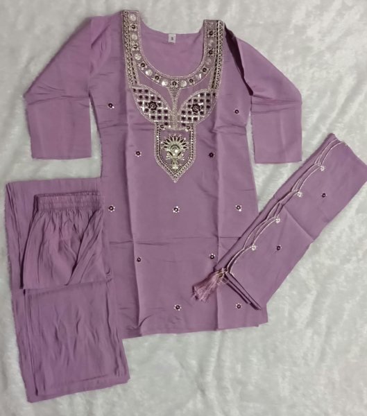 Bold Lavender Roman Silk Kurti with 40 Inch Palazzo and Matching Dupatta Embroidery Kurtis 