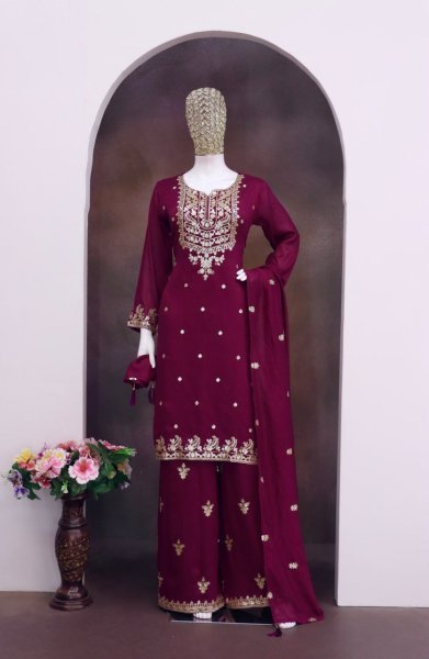 Bold Maroon Designer Blooming Chinon Suit Set with Embroidery Sequin Work Designer Plazzo Salwar Suits Wholesale