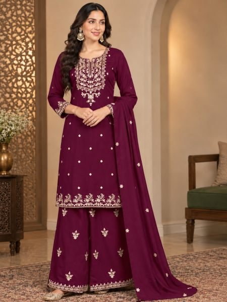 Bold Maroon Designer Blooming Chinon Suit Set with Embroidery Sequin Work Designer Plazzo Salwar Suits Wholesale