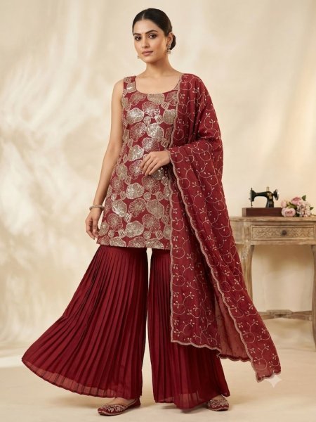 Bold Maroon Simmer Silk Top Sharara Set with Embroidery And Lace Border Dupatta Ready To Wear Suit