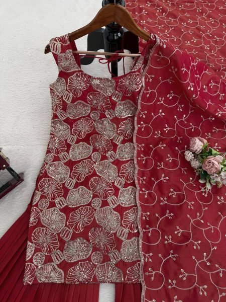 Bold Maroon Simmer Silk Top Sharara Set with Embroidery And Lace Border Dupatta Ready To Wear Collection