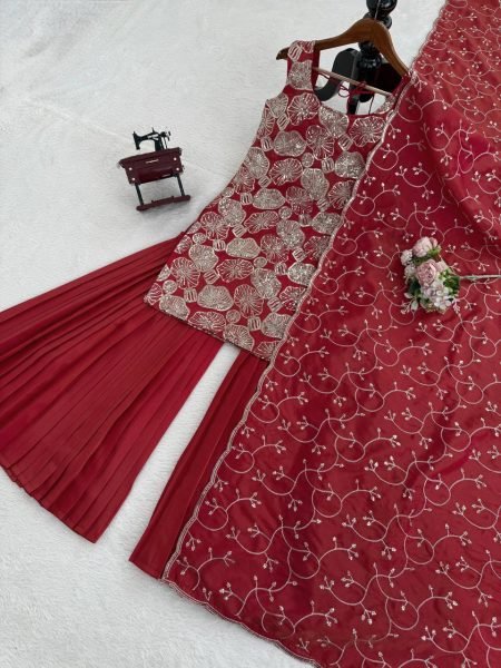 Bold Maroon Simmer Silk Top Sharara Set with Embroidery And Lace Border Dupatta Ready To Wear Collection