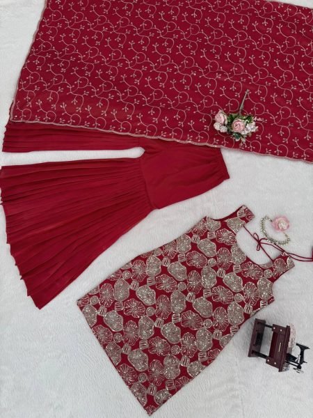 Bold Maroon Simmer Silk Top Sharara Set with Embroidery And Lace Border Dupatta Ready To Wear Collection