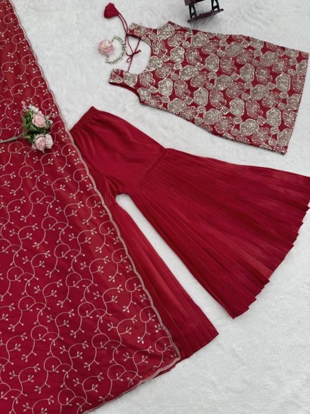 Bold Maroon Simmer Silk Top Sharara Set with Embroidery And Lace Border Dupatta Ready To Wear Collection