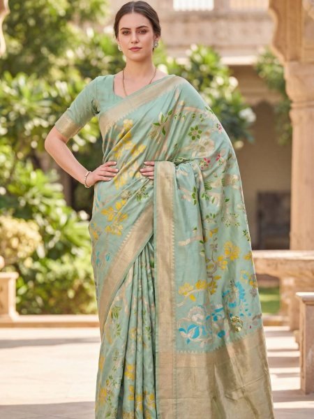 Bold Mint Green Khadi Silk Saree with Weaving Design for Festive Collection Sarees 